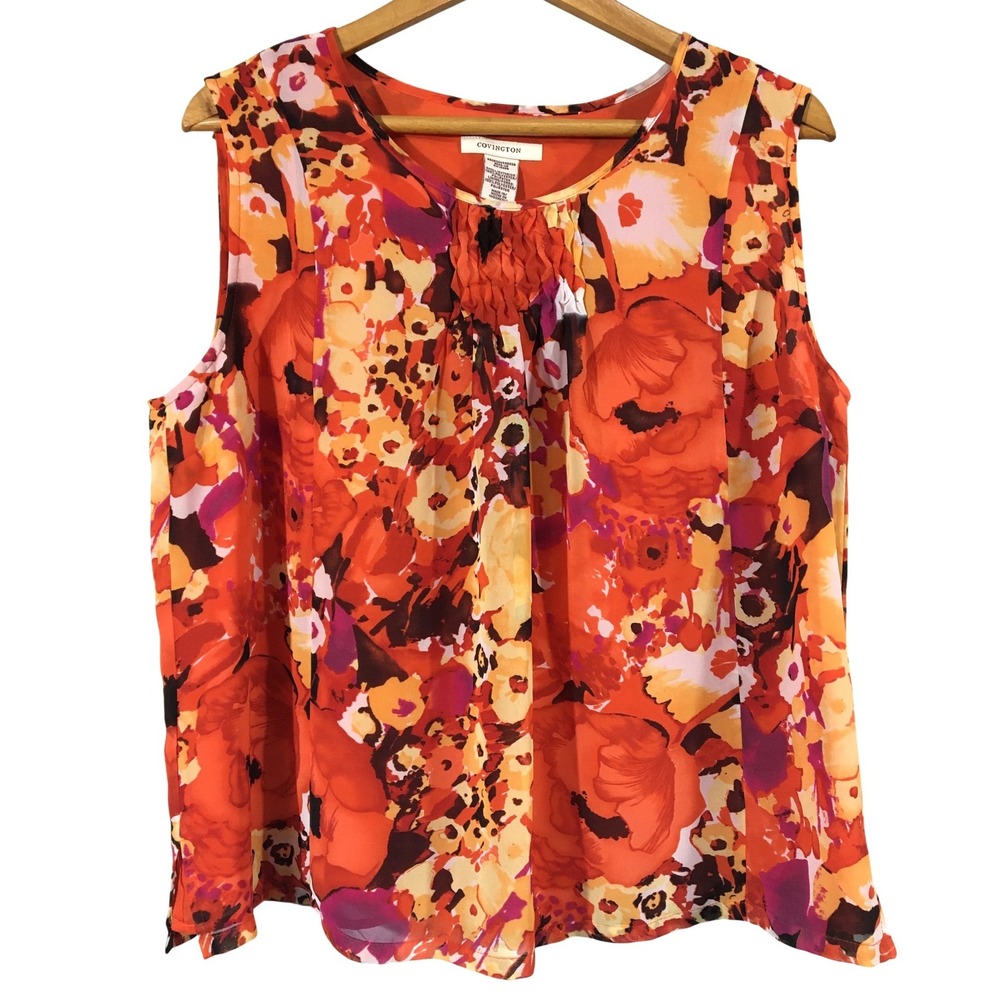 Covington Orange Floral Smocked‎ Neck Sheer Overlay Sleeveless Blouse Top Size L